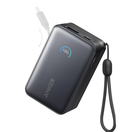 Anker Nano power bank with a charge display and a carry strap